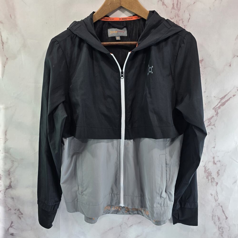 Orange Theory Jacket Womens Medium Gray Black Windbreaker Zip Hood Lightweight